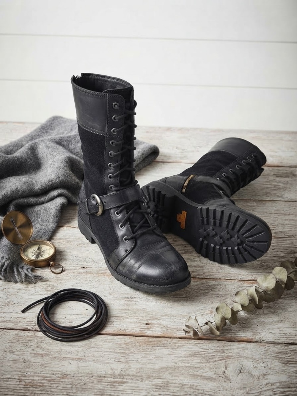 Timberland Black Leather & Suede Tall Lace-Up Moto Boots